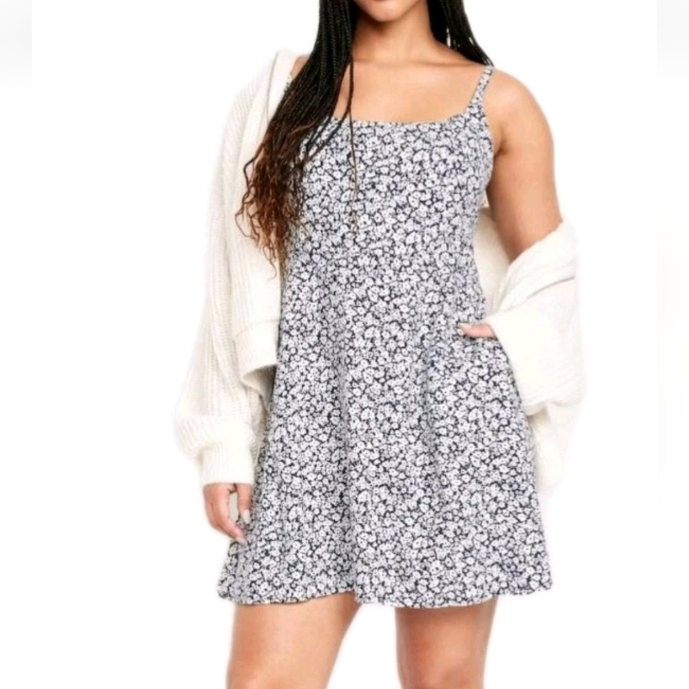 Old Navy Women's Blue Ditsy Floral Linen Blend Fit & Flare Mini Dress Pockets L